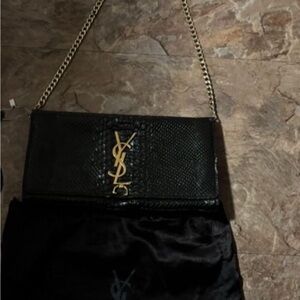Saint Laurent Black Leather Chain Crossbody with Gold Logo
